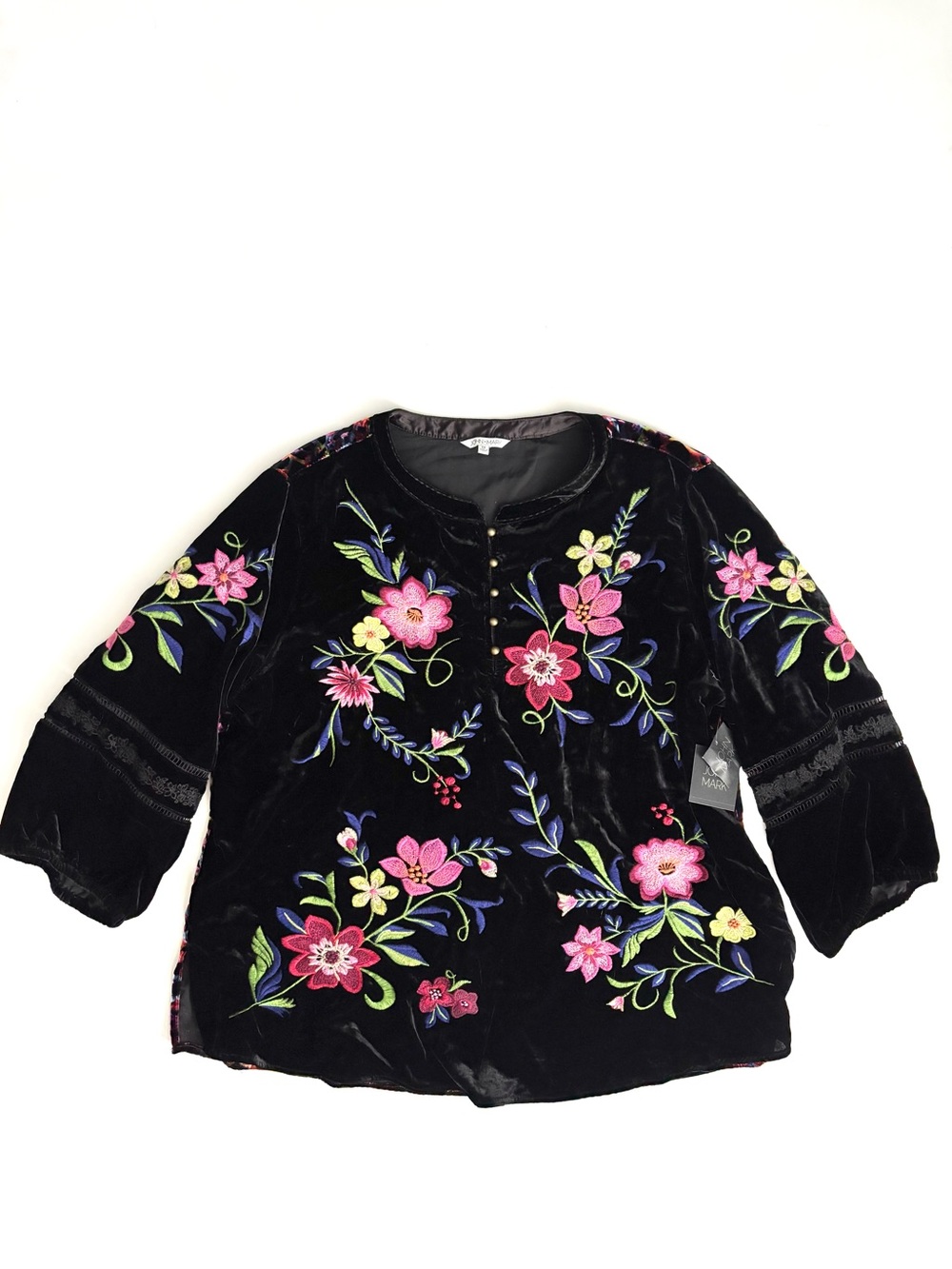 John Mark Tunic Top Blouse NWT Velvet Embroidered 3/4 Sleeve